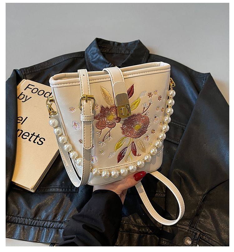 Bag Embroidered Bucket Pearl Floral Faux Strap