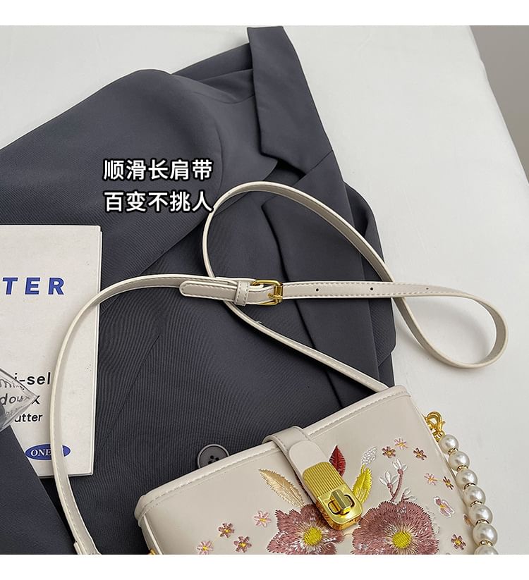 Bag Embroidered Bucket Pearl Floral Faux Strap