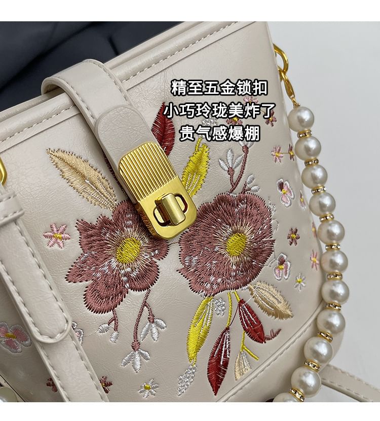 Bag Embroidered Bucket Pearl Floral Faux Strap