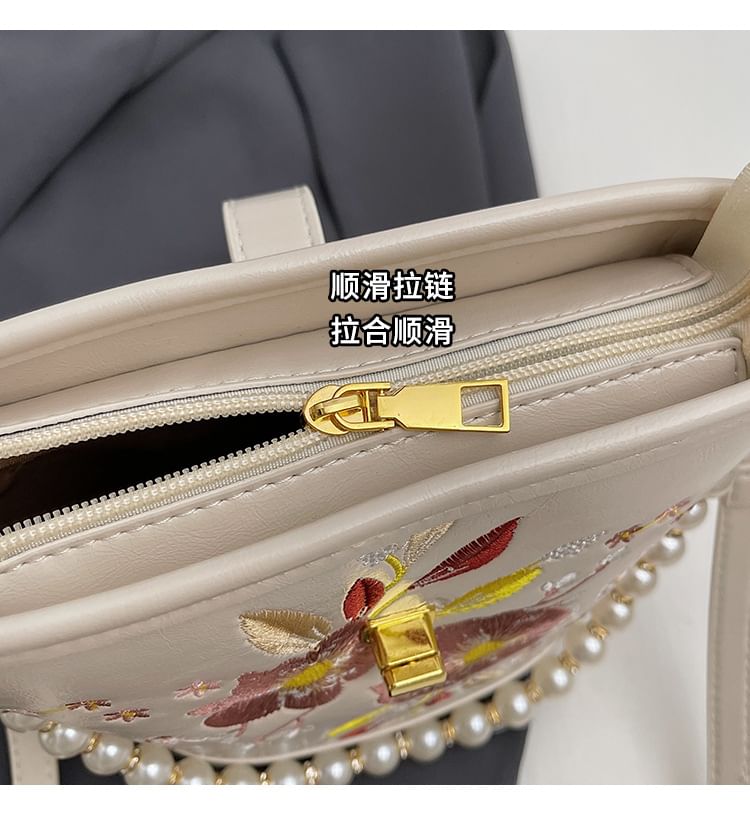 Bag Embroidered Bucket Pearl Floral Faux Strap
