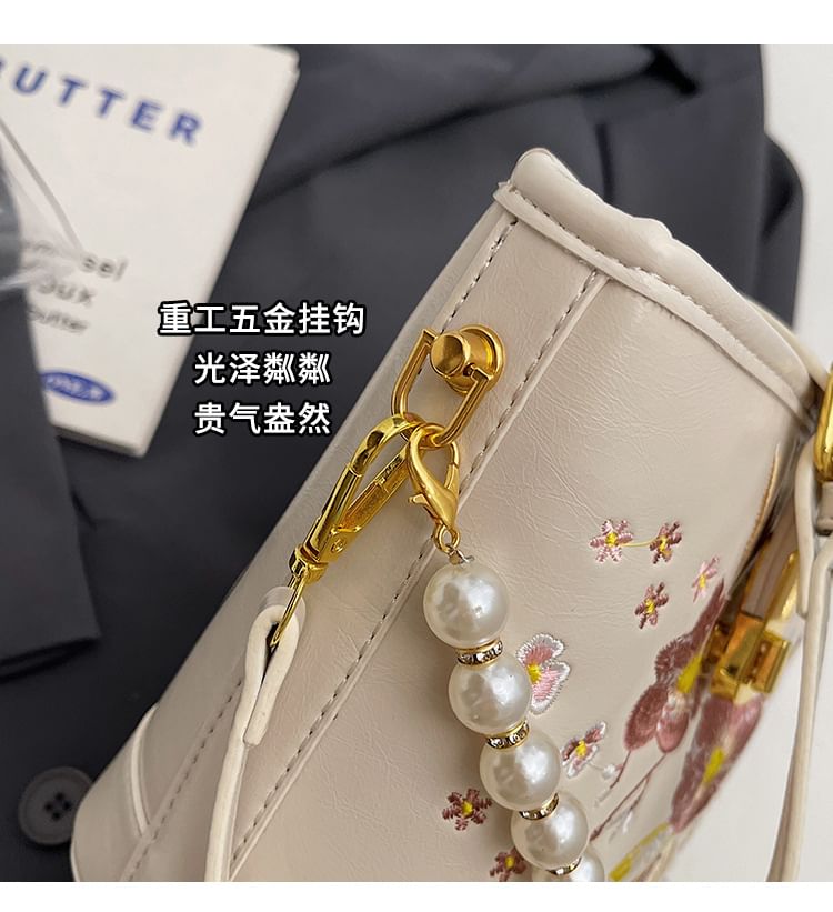 Bag Embroidered Bucket Pearl Floral Faux Strap