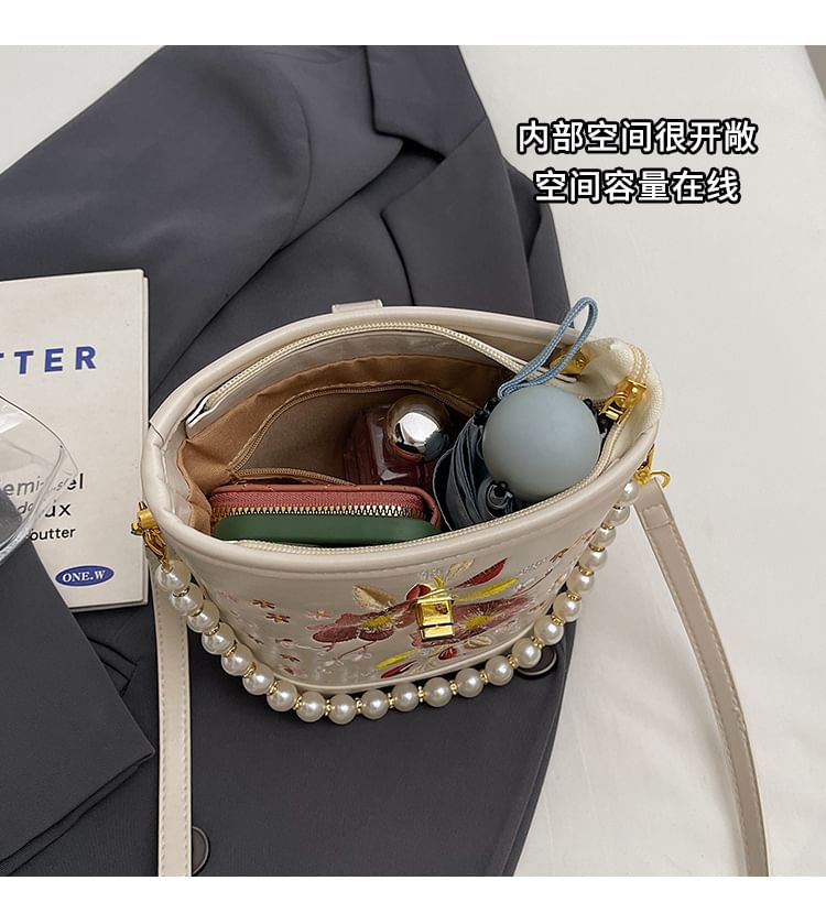 Bag Embroidered Bucket Pearl Floral Faux Strap