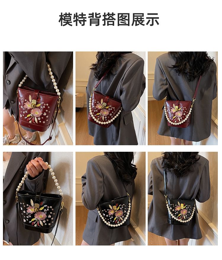 Bag Embroidered Bucket Pearl Floral Faux Strap