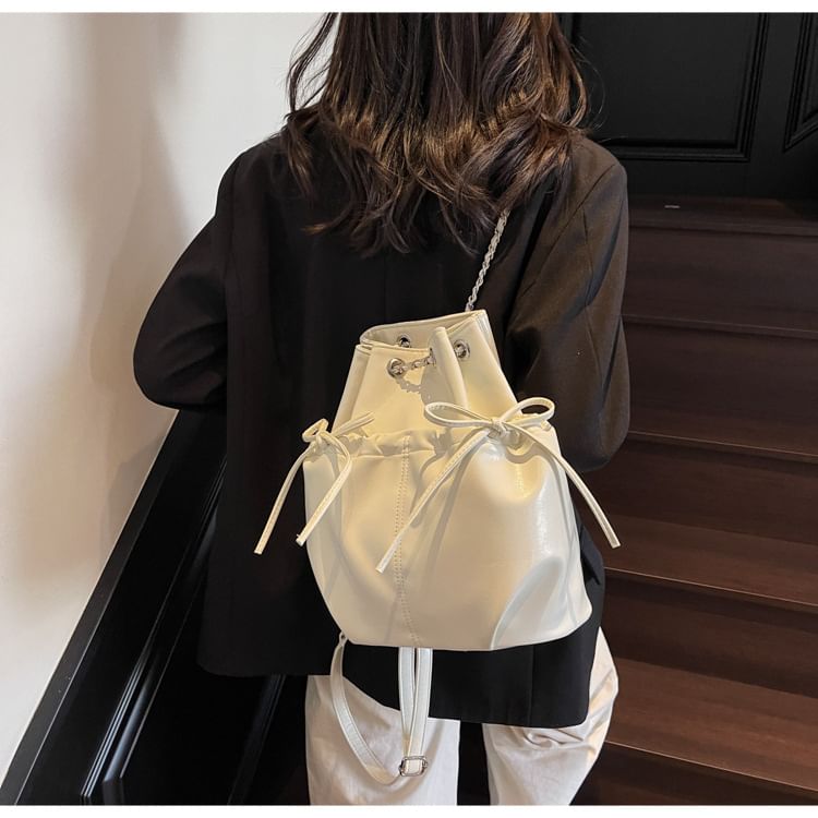 Plain Backpack Chain Bow Leather Strap Faux