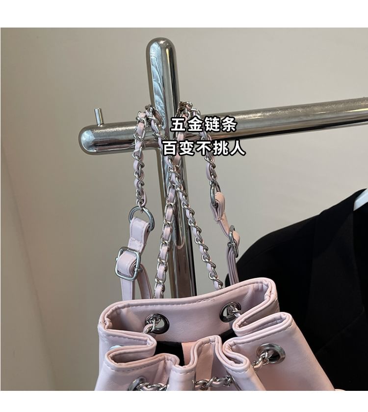 Plain Backpack Chain Bow Leather Strap Faux