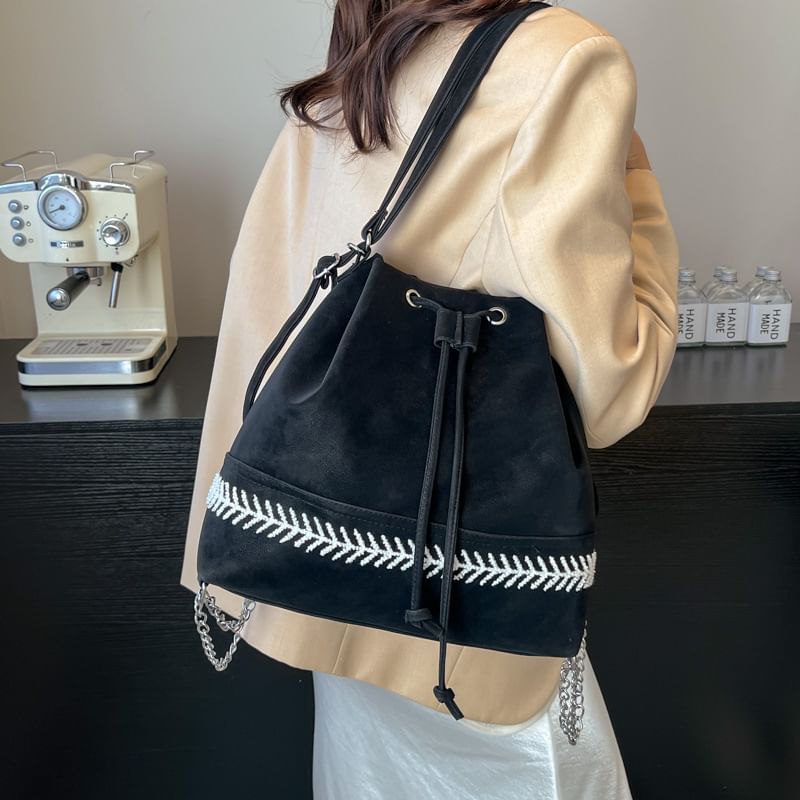 Bucket Drawstring Faux Tone Bag Leather Two