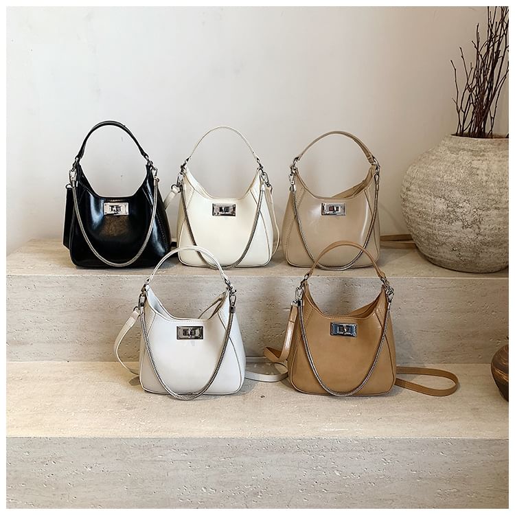 Top Faux Bag Leather Handle Twist Crossbody Lock