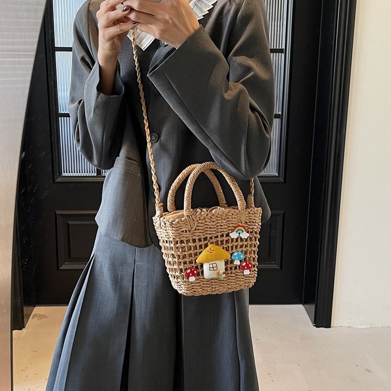 Top Applique Mushroom Straw Crossbody Bag Handle