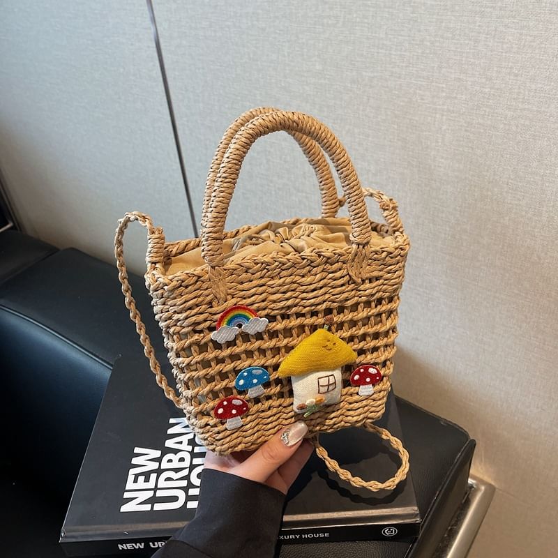Top Applique Mushroom Straw Crossbody Bag Handle