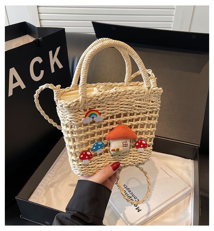 Top Applique Mushroom Straw Crossbody Bag Handle