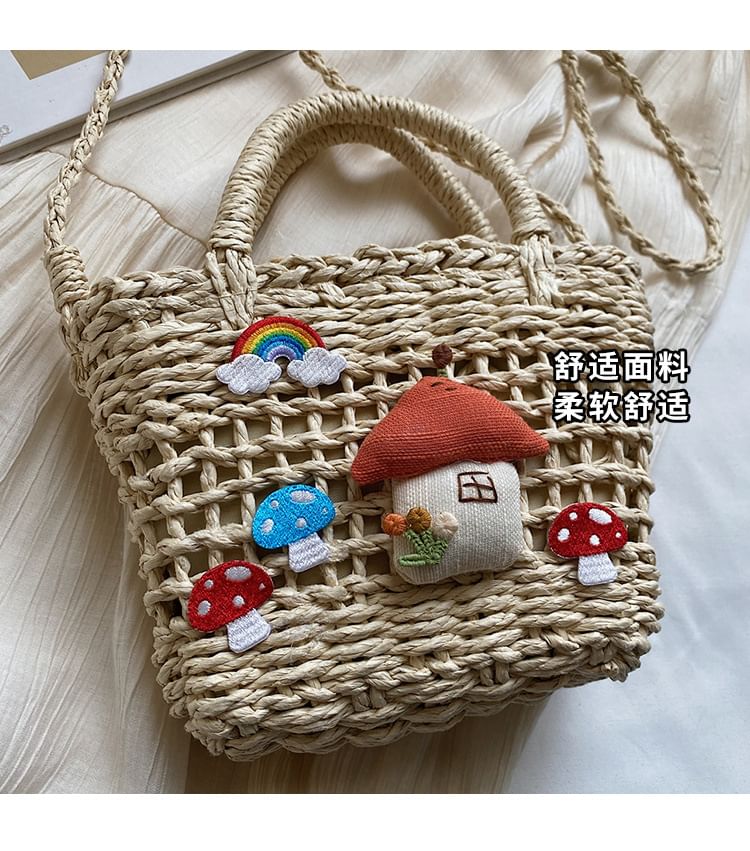 Top Applique Mushroom Straw Crossbody Bag Handle