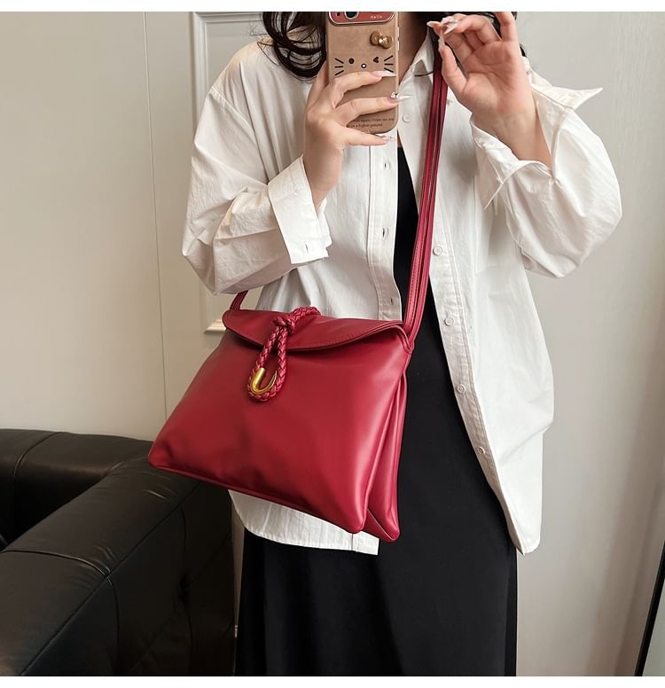 Flap Plain Leather Crossbody Knot Faux Bag
