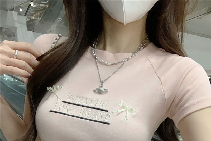 Neck Bow Tee Accent Embroidered Cutout Round Lettering Short-Sleeve Crop