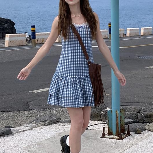 Trim Gingham V-Neck A-Line Strap Dress Layered Mini Spaghetti Lace
