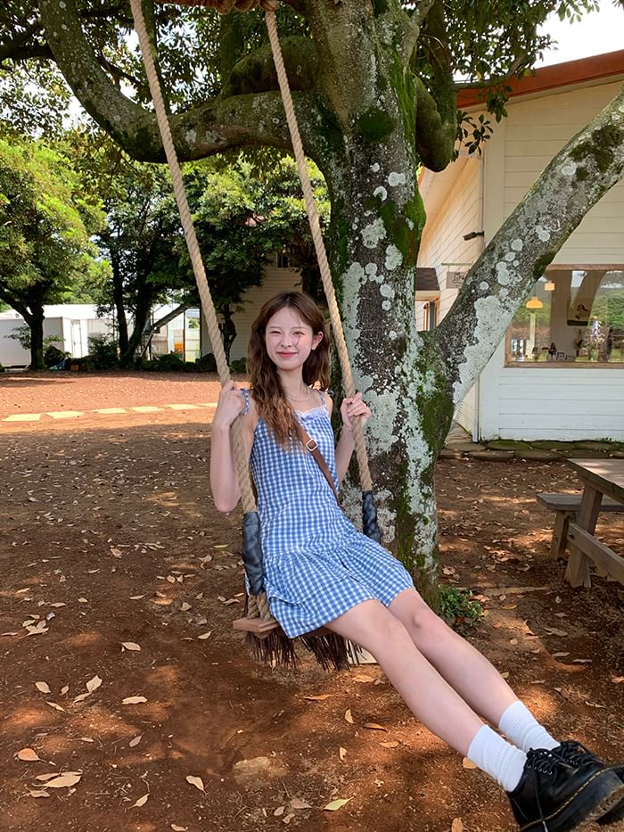 Trim Gingham V-Neck A-Line Strap Dress Layered Mini Spaghetti Lace