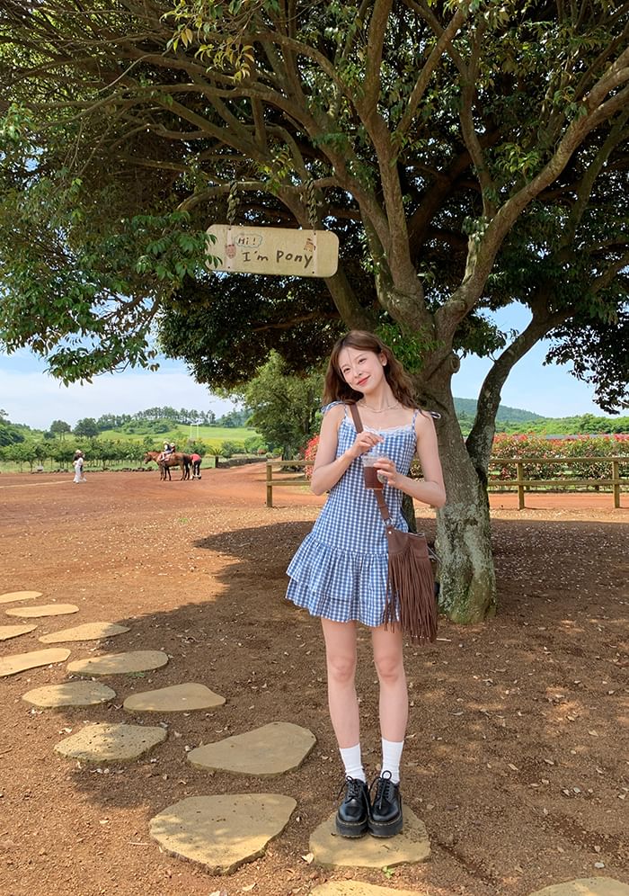 Trim Gingham V-Neck A-Line Strap Dress Layered Mini Spaghetti Lace