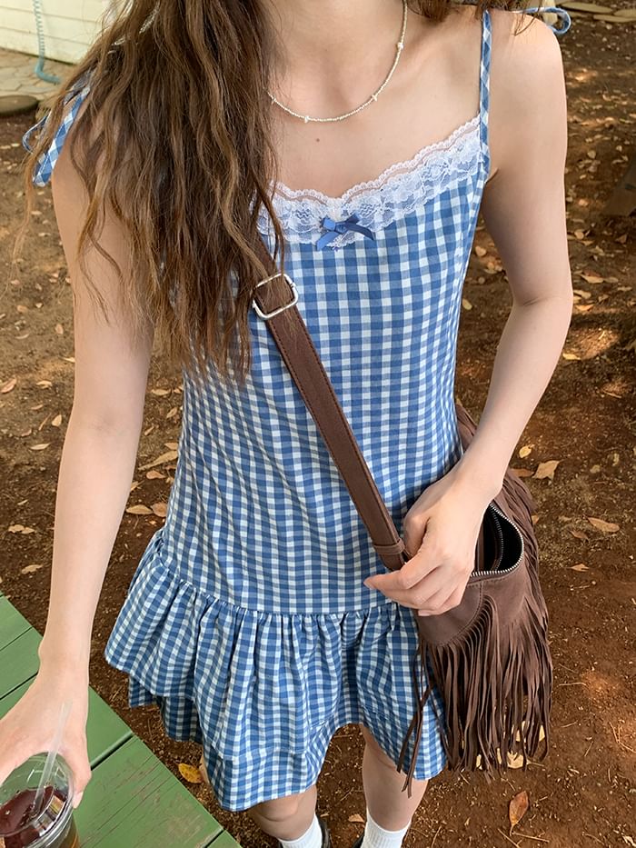 Trim Gingham V-Neck A-Line Strap Dress Layered Mini Spaghetti Lace