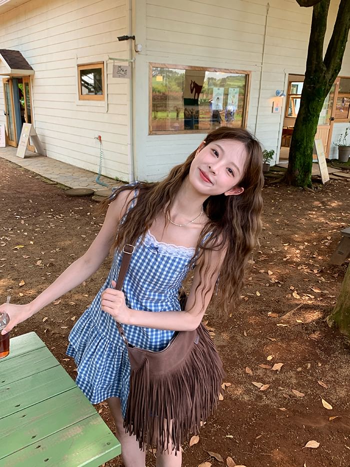 Trim Gingham V-Neck A-Line Strap Dress Layered Mini Spaghetti Lace