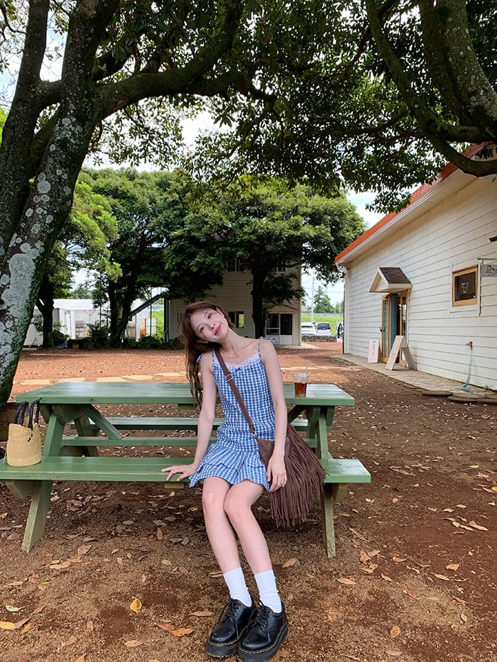 Trim Gingham V-Neck A-Line Strap Dress Layered Mini Spaghetti Lace