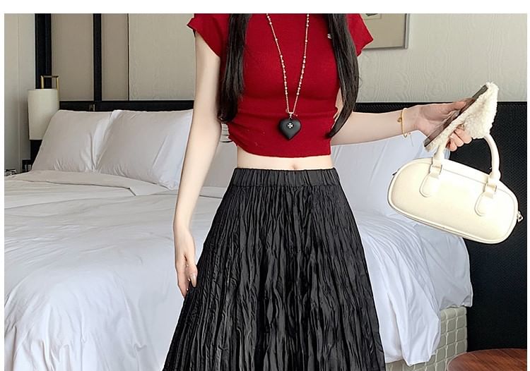 Crinkle Waist High Maxi Skirt Plain Asymmetrical A-Line