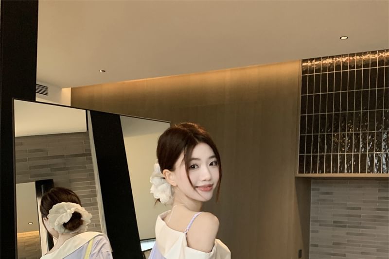 Long-Sleeve Blouse Asymmetrical Shoulder Striped Button-Up Cold