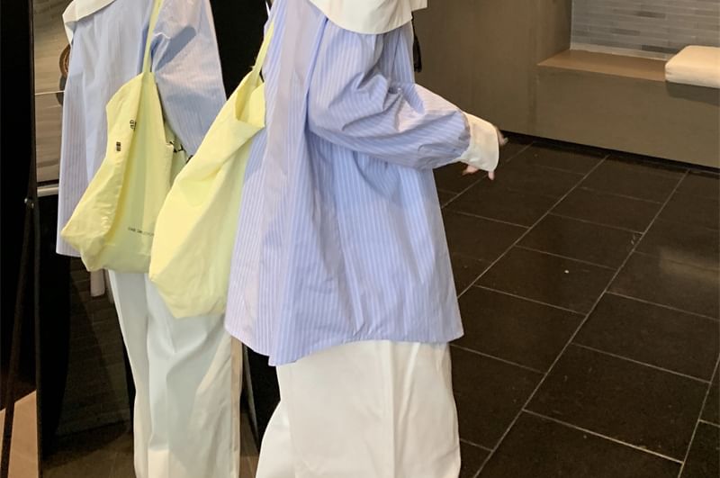 Long-Sleeve Blouse Asymmetrical Shoulder Striped Button-Up Cold