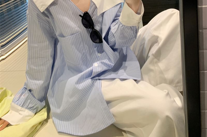 Long-Sleeve Blouse Asymmetrical Shoulder Striped Button-Up Cold