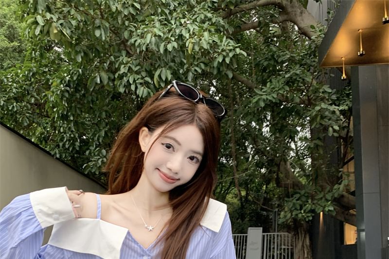 Long-Sleeve Blouse Asymmetrical Shoulder Striped Button-Up Cold