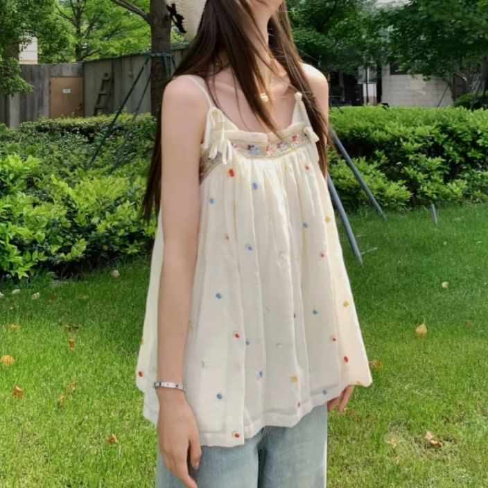 Accent Flowy Top Camisole Trim Frill Embroidered Bow