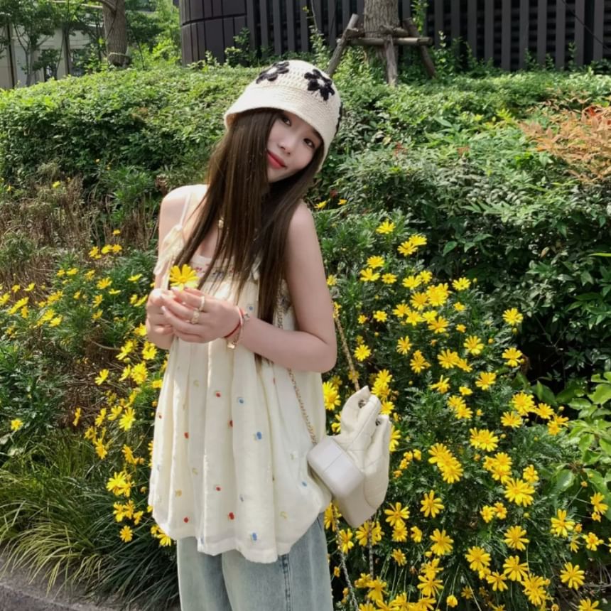 Accent Flowy Top Camisole Trim Frill Embroidered Bow