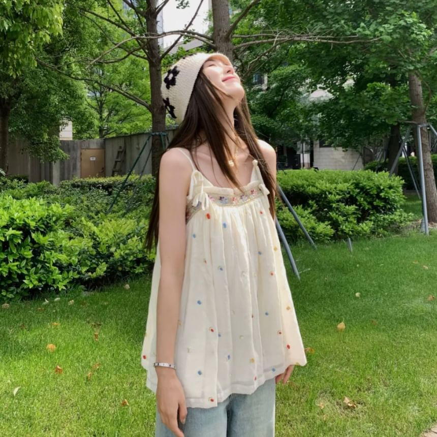 Accent Flowy Top Camisole Trim Frill Embroidered Bow