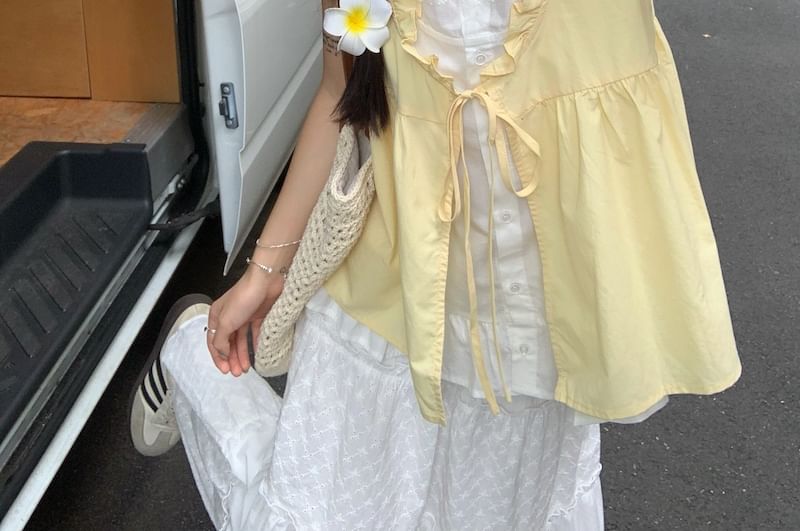 Tie Mock Tone Sleeveless Front Trim Frill Two-Piece Two Blouse