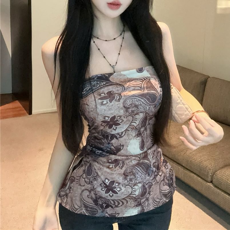 Ruched Tube Top Paisley Print Slit