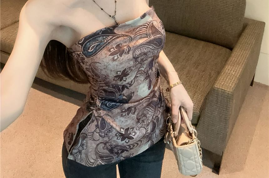 Ruched Tube Top Paisley Print Slit