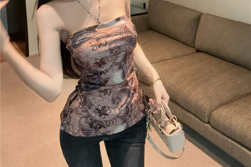 Ruched Tube Top Paisley Print Slit
