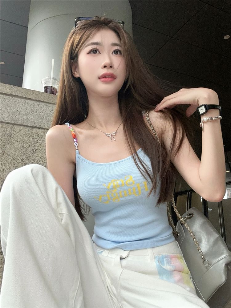 Scoop Cami Lettering Beaded Print Neck Top Crop