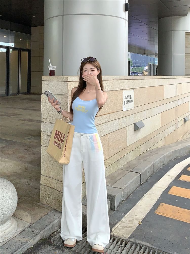 Scoop Cami Lettering Beaded Print Neck Top Crop