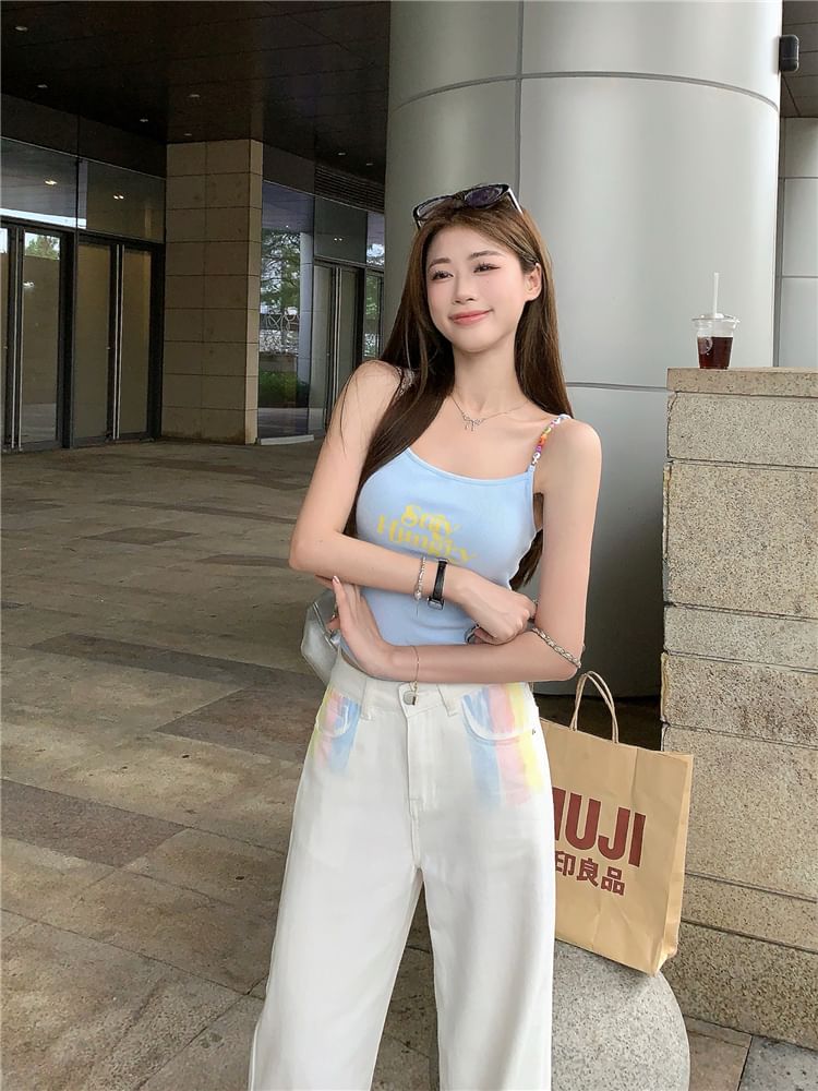 Scoop Cami Lettering Beaded Print Neck Top Crop