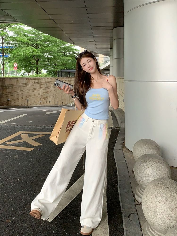 Scoop Cami Lettering Beaded Print Neck Top Crop