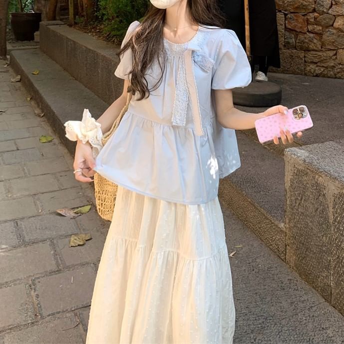 Puff-Sleeve Accent Blouse Bow Neck Lace Trim Crew