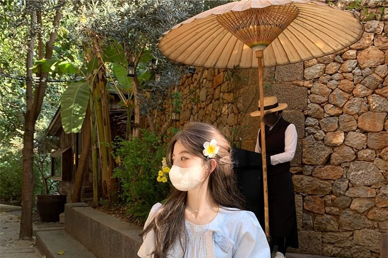 Puff-Sleeve Accent Blouse Bow Neck Lace Trim Crew