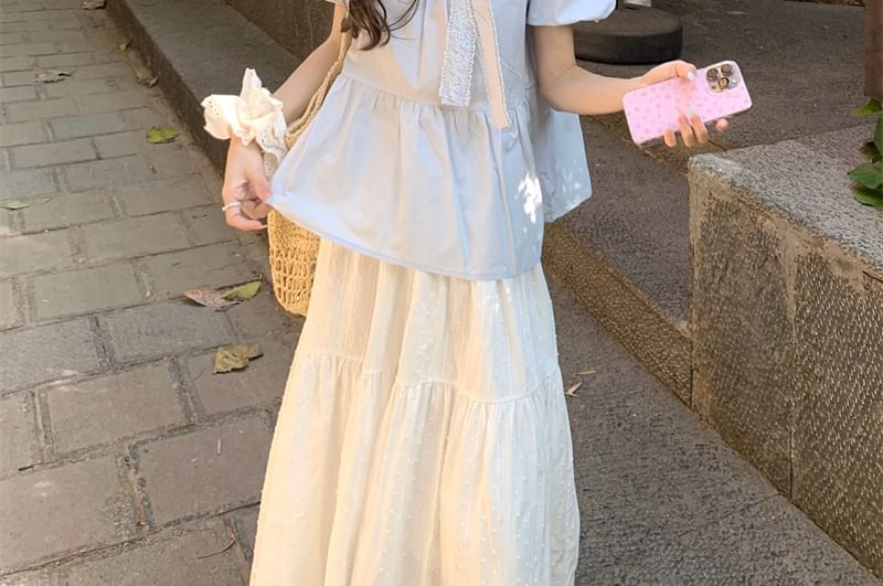 Puff-Sleeve Accent Blouse Bow Neck Lace Trim Crew