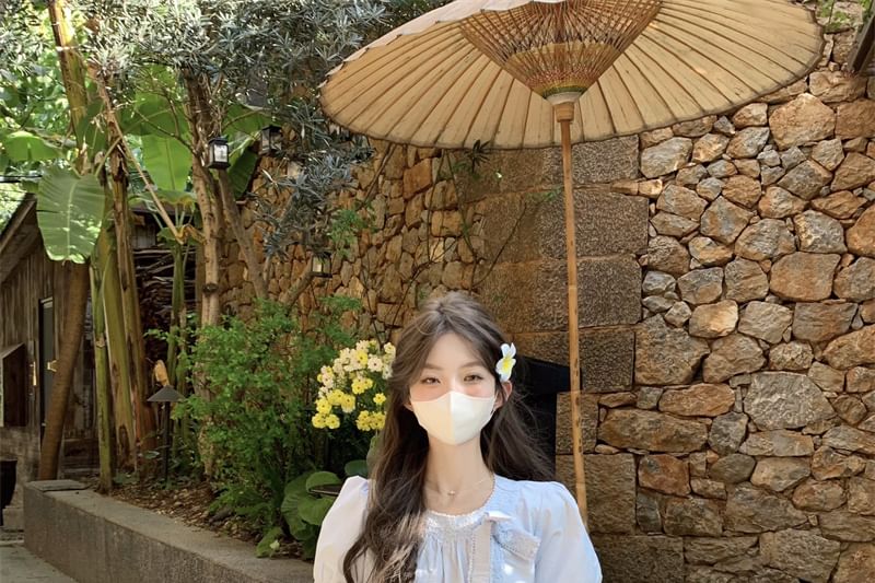 Puff-Sleeve Accent Blouse Bow Neck Lace Trim Crew