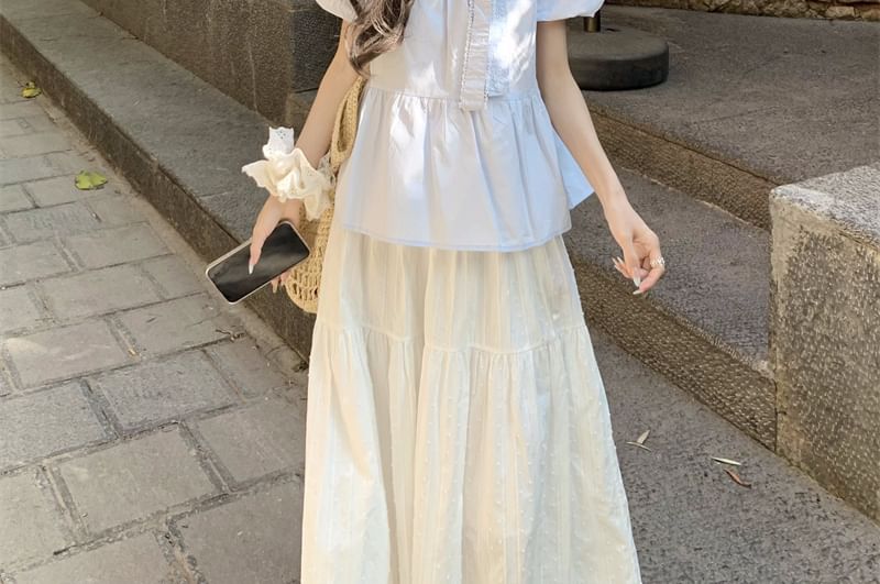 Puff-Sleeve Accent Blouse Bow Neck Lace Trim Crew