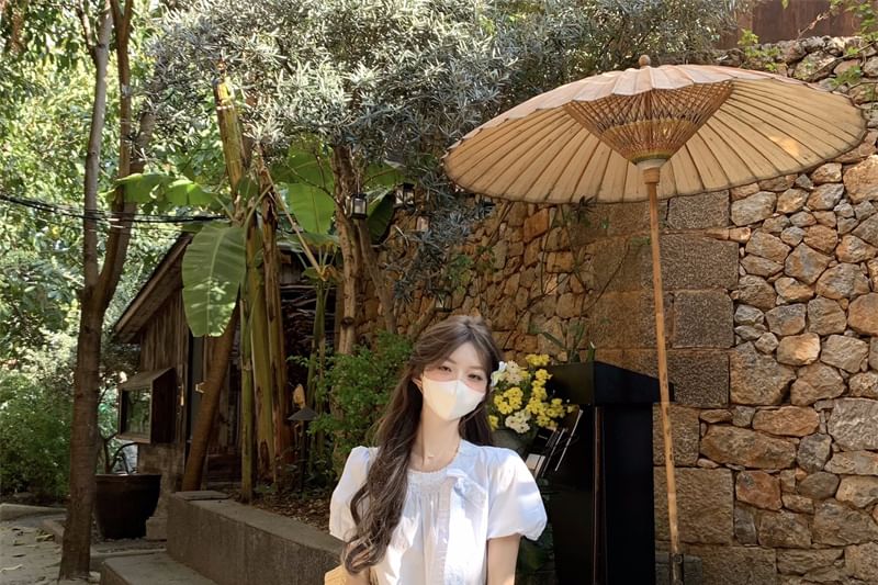 Puff-Sleeve Accent Blouse Bow Neck Lace Trim Crew