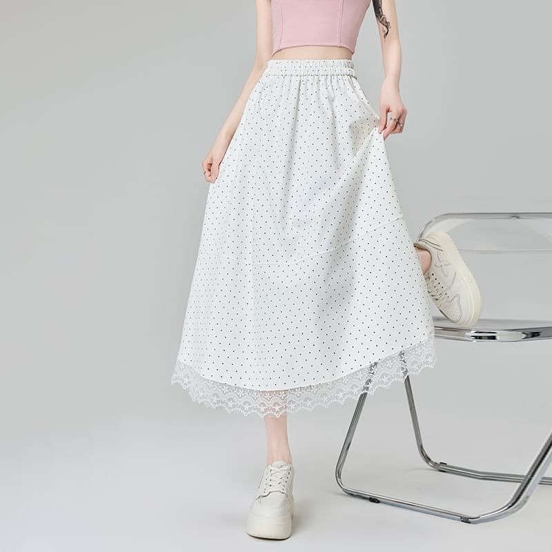 Midi Waist Dotted Panel Lace High Skirt A-Line