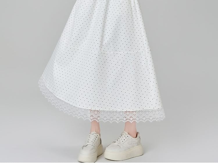 Midi Waist Dotted Panel Lace High Skirt A-Line