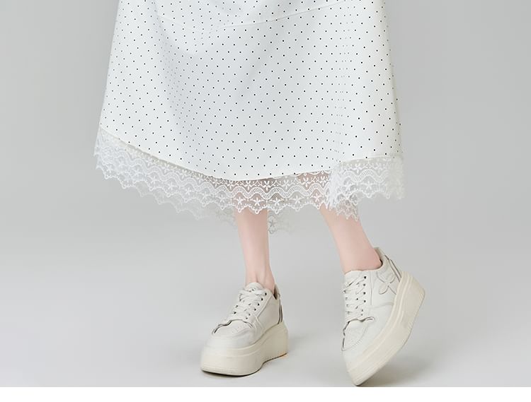 Midi Waist Dotted Panel Lace High Skirt A-Line