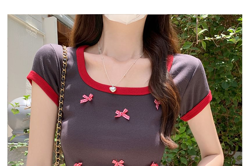 Bow T-Shirt Scoop Trim Crop Accent Contrast Neck Short-Sleeve