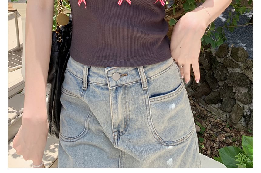 Bow T-Shirt Scoop Trim Crop Accent Contrast Neck Short-Sleeve